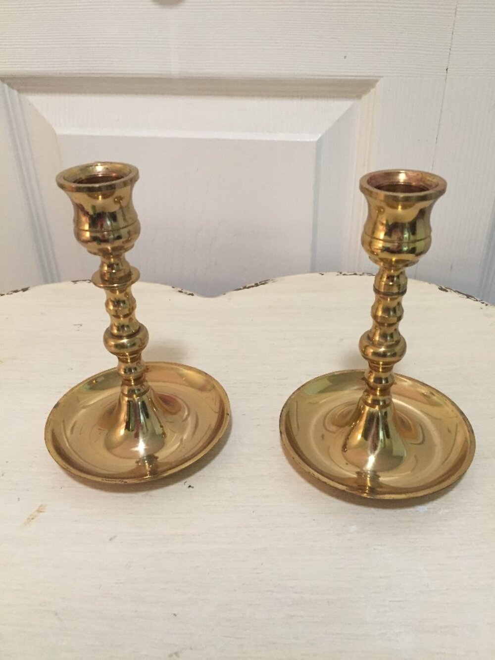 Vintage Pair of Made in England Brass Traditional Candlesticks with Round Bases
